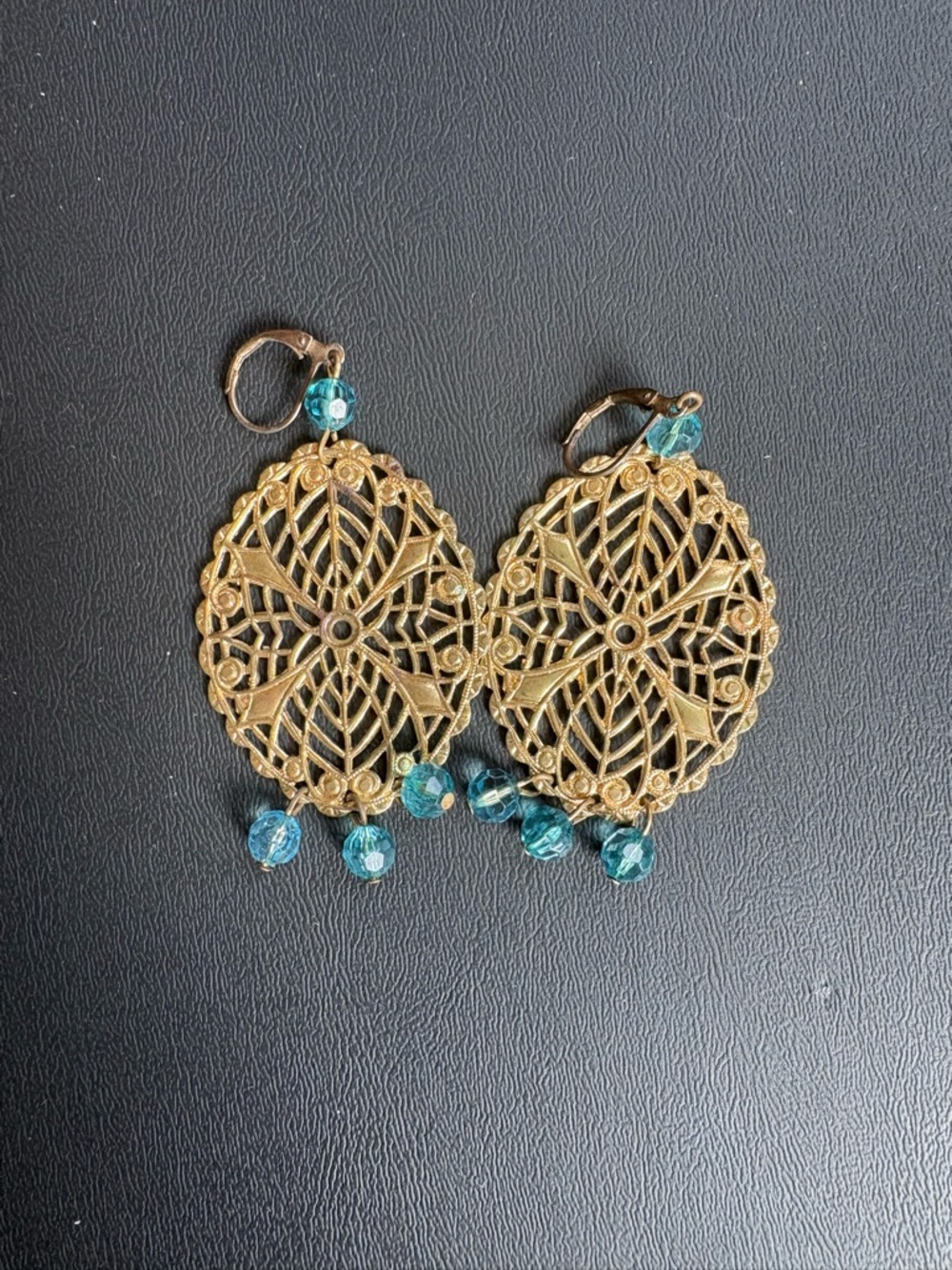 NEW! Gold Filigree Teardrop Earrings with Blue Crystal Accents